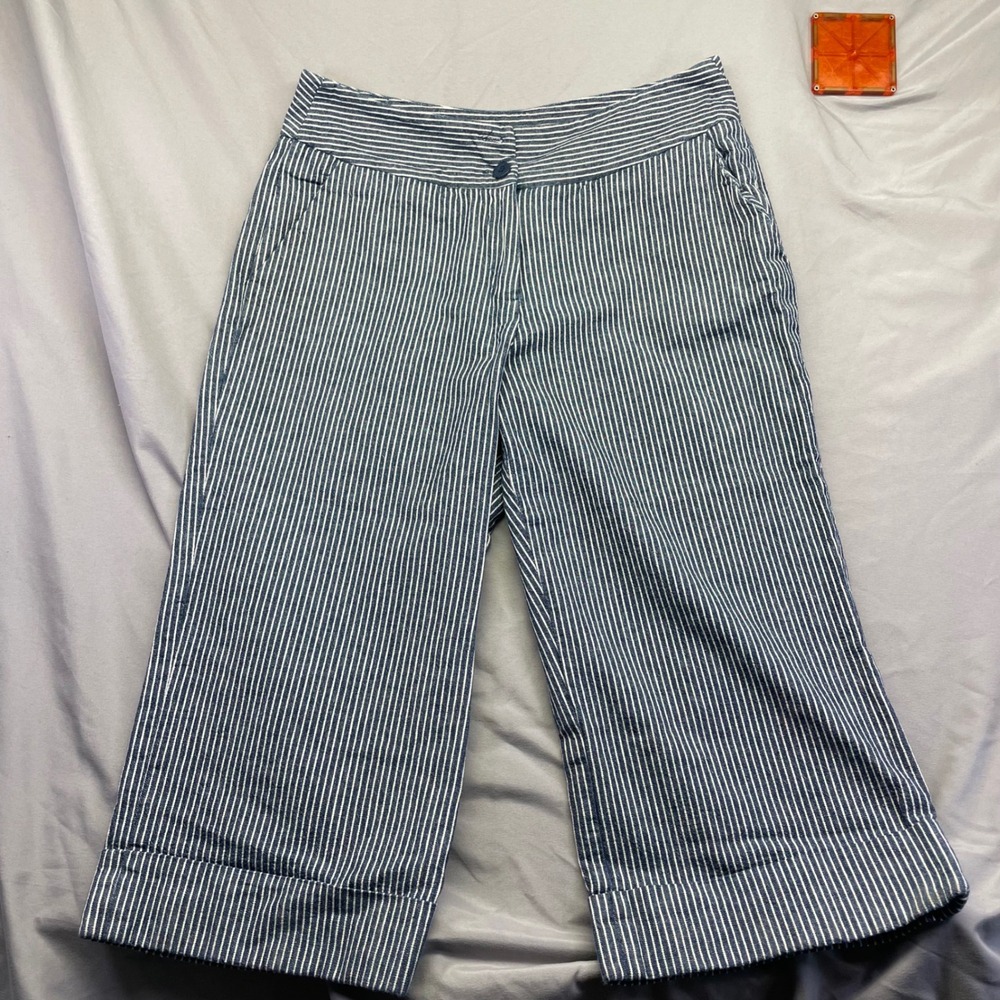 Sandro Sportswear Navy White Striped Wide Leg Crop Pants Cuffed Cotton Size 10
